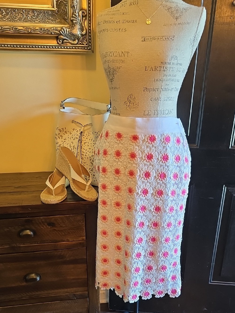 J. Crew White Pencil Skirt with Pink Floral Crochet